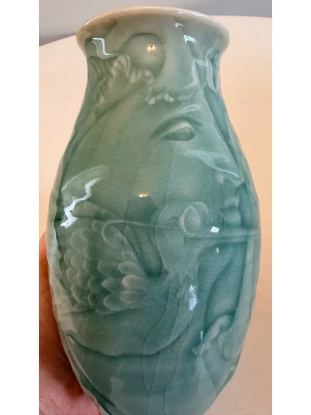 Scargo Pottery Vase Mary Holl / Harry Holl Celadon Glaze Fantasy Nature Fairy